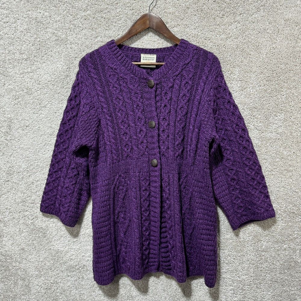 Kilronan Knitwear 100% Pure New Wool Cardigan Large Purple Chunky Knit Sweater